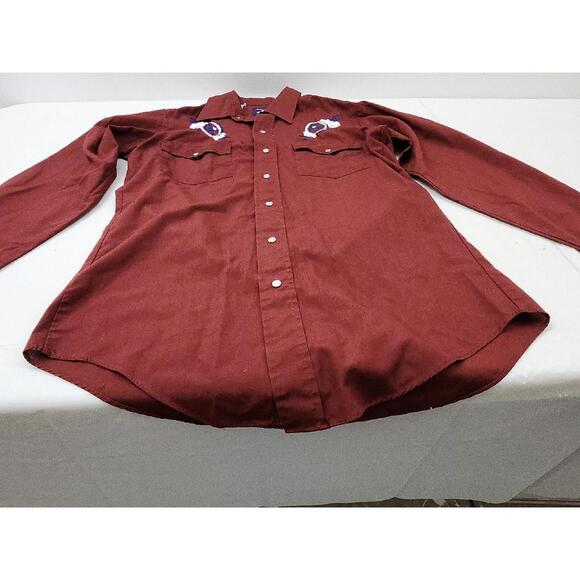 Vintage Men’s Medium Chute Red Maroon Western Pearl Snap Embroidered Wagon Shirt - Picture 5 of 15